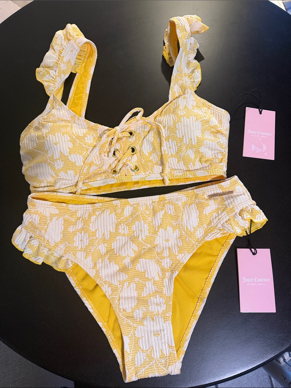Juicy Couture Yellow & White Floral Lace-Up Two-Piece Swim Set. Sz‎ M